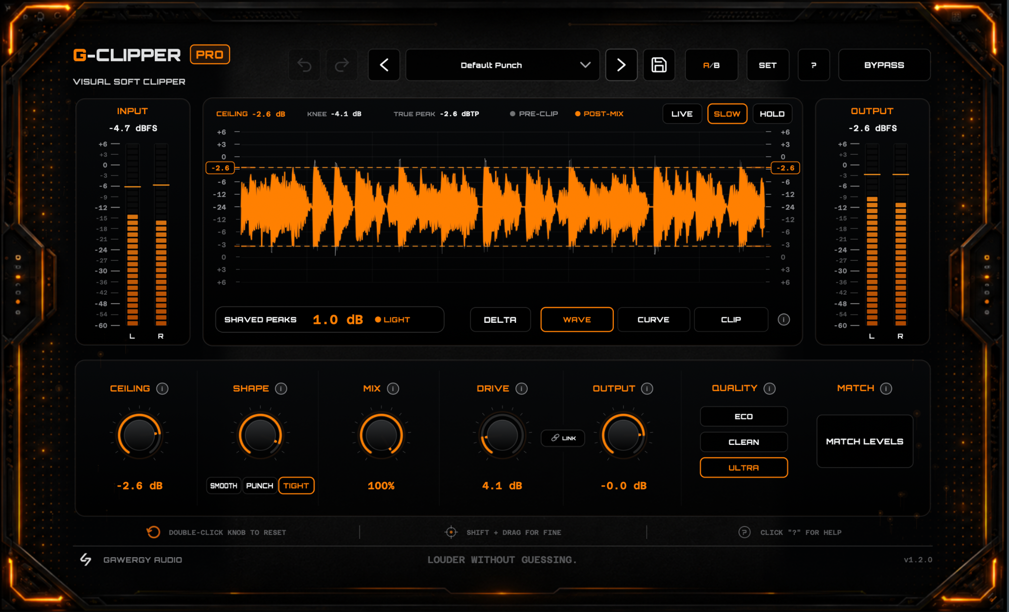 G-Clipper Pro Wave view showing before-and-after waveforms and clipping controls